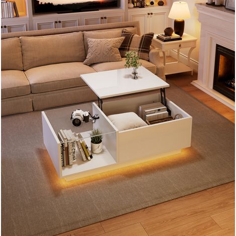 Table basse relevable 100x50x33 cm blanche en panneau de particules avec LED APP, rangement dissimulé et plateau brillant (1/5)