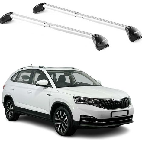 OMAC Barres de toit transversales certifiées TÜV pour Skoda Kamiq 2019-2026 – Verrouillables (4 antivols) – Charge max 100 kg – Sangle inox + protection caoutchouc Argent (1/5)