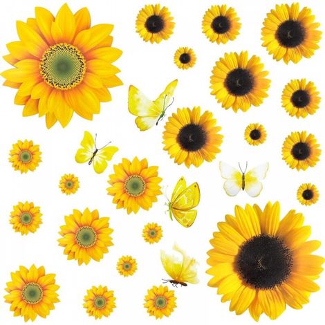 27 Pièces Autocollant Mural Tournesol Amovible Fleurs Jaunes Autocollant Étanche 3D Floral Papillon Autocollant Mural DIY Décor pour Enfants Bébé Chambre Salon Salle de Bains Pépinière Décoration (1/5)