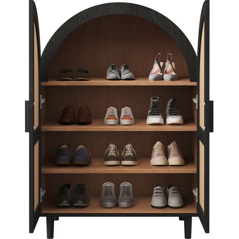 Meuble à chaussures avec portes en résine tressée, 3 étagères réglables, capacité 12 à 15 paires, style sideboard noir et bois clair pour entrée moderne - CHICFURN (1/5)