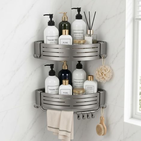 Étagère d'angle pour douche Aluminium antirouille avec fixation murale adhésive sans perçage Rangement avec crochets et porte-serviettes (1/5)