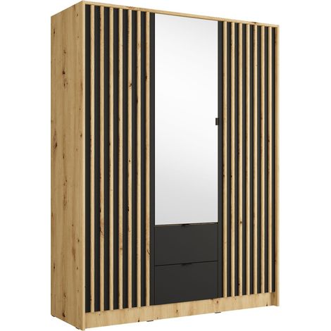 Armadio TORVIK 3 porte con specchio, cassetti e listelli nero e quercia 150 cm