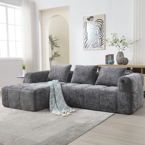 REDOM Divano angolare 3 posti 250x158x60 cm, modulare con chaise longue, 3 cuscini e tasche laterali, ciniglia grigia