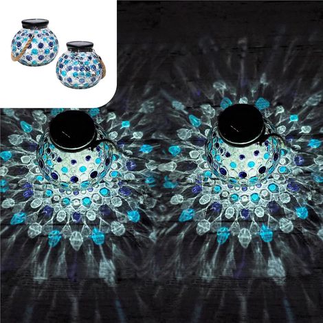 Lanterne Solaire Set Rouge 2 Pièces LED Lampe de Table Décorative en Verre pour Jardin Boule avec Lumière Effet Mosaïque avec Poignée Corde pour Suspendue (Bleu) (1/5)