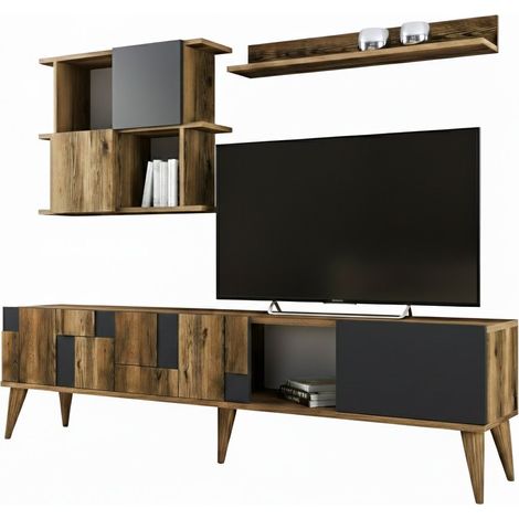Dmora - Mueble de televisión Docchiut, Aparador de salón, Mueble bajo para TV, Base de pared equipada, 180x34h49 cm, Nogal y Antracita