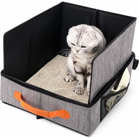 Foldable Cat Litter Tray 50 x 40 x 11 cm with Zipper Lid Lightweight Waterproof for Travel Noise Barrier Car Camping Accessories Grey (1/5)