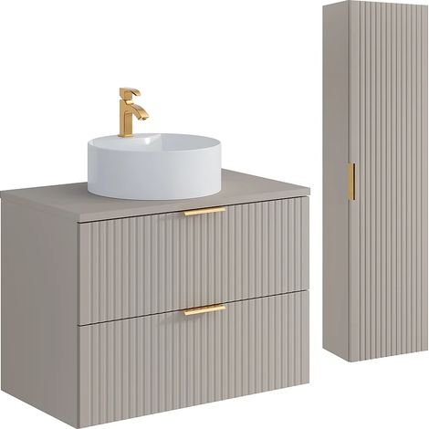 Mobile per bagno sospeso con scanalature con lavabo da appoggio rotondo e colonna - Colore beige - 80 cm - ZEVARA (1/5)