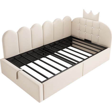 Tagesbett 90x200 cm aus beigem Samt mit Stauraum und Kronen-Kopfteil (1/5)