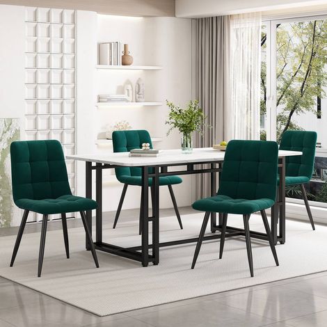 Table à manger 140 x 80 cm avec 4 chaises, set moderne pour cuisine, chaises en velours vert foncé, table avec pieds en fer noir (1/5)