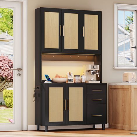 Buffet de cuisine 183 cm noir en MDF avec LED, prises, USB, étagères réglables et 3 tiroirs (1/5)