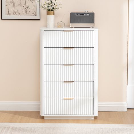 Commode 5 tiroirs en MDF blanc, fermeture douce OKMYHOME (1/5)