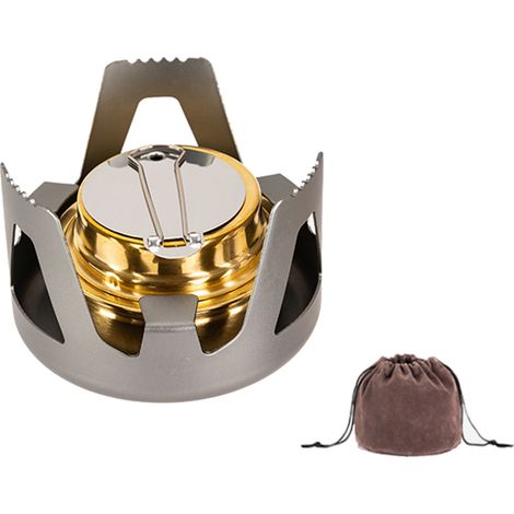 Réchaud à alcool portable, petit brûleur en laiton avec support en aluminium, ustensile de cuisine ultraléger pour le camping, la randonnée et les pique-niques en plein air. (1/3)