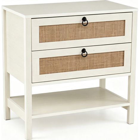 Table de chevet blanche en rotin avec 2 tiroirs et étagère ouverte, pieds antidérapants pour chambre et salon