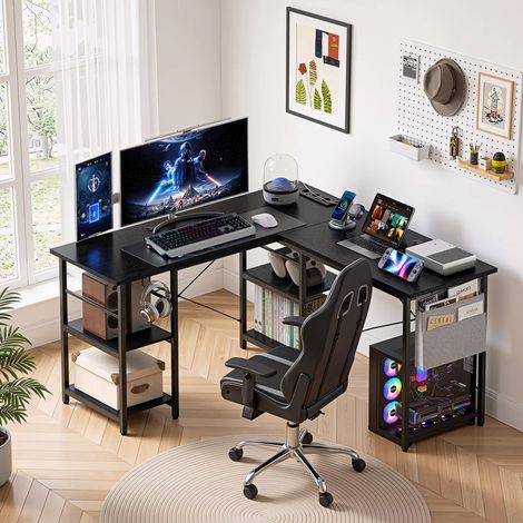 Bureau d'angle convertible 140 cm – 4 étagères de rangement – Charge 180 kg – Bois d'ingénierie et métal – Pour espace de travail optimisé – Noir