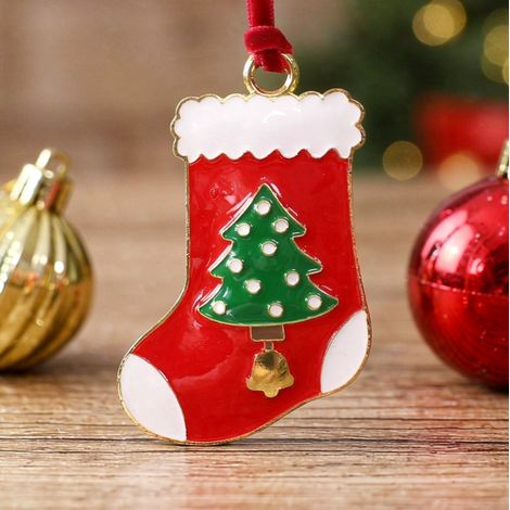 Ornement de sapin forme chaussette de Noël métal émail, déco festive 5×7 cm (1/3)