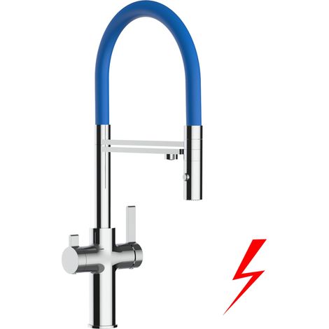 NIEDERDRUCK 3 Wege Wasserhahn Küchenarmatur Spültischmischer, Verchromt mit 360° schwenkbarem Auslauf, abnehmbare 2 strahl Handbrause, Flex-Schlauch oben in Blau - VZFC Linie (1/5)
