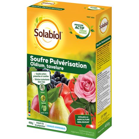 Soufre pulvérisation 400g – Lutte contre oïdium et maladies des plantes – Dilution instantanée – Produit utilisable en agriculture biologique – SBM