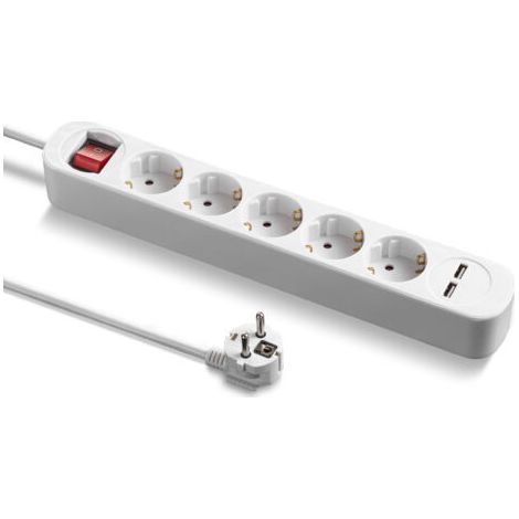 Bloc multiprise 5 prises Eur/Schuko avec 2 ports USB Câble 2 m Courant 2,4 A Interrupteur éclairé (1/5)