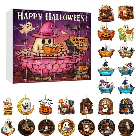 Ensemble de décorations d'Halloween 2025 sur le thème des fantômes lisant, calendrier de l'Avent 24 jours, calendrier fantôme en acrylique 2D pour la décoration de fête (1/5)
