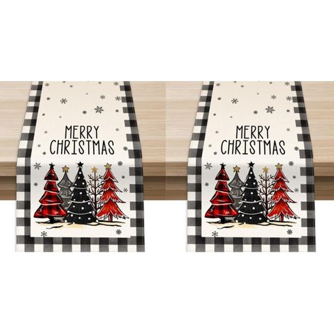 Camino de mesa navideño con estampado de árboles de Navidad en blanco y negro, 33 x 183 cm, decoración de mesa invernal (2 piezas) (1/5)