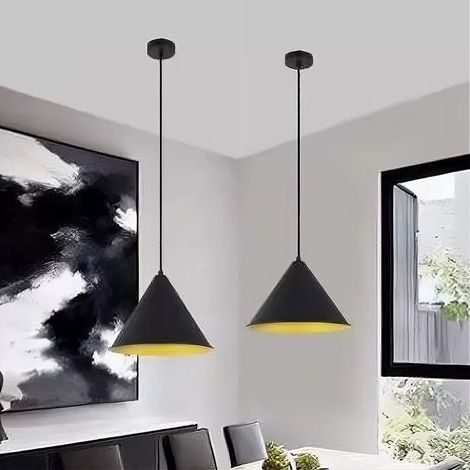 TRADE SHOP - Lampadario A Sospensione E27 Ferro Paralume Moderno Contemporaneo Cono Nero Oro 33351 -