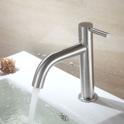 Robinet de lavabo monotrou, robinet de lavabo de salle de bain courbé chaud et froid en acier inoxydable au fini nickel brossé (1/3)
