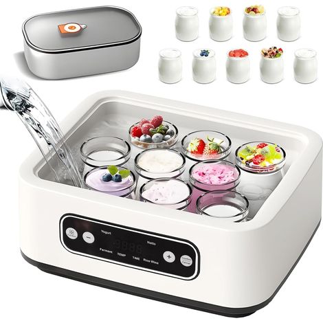 Yaourtière avec un insert en acier inoxydable de 1,6 l et 9 récipients en verre de 100 ml, arrêt automatique et écran LCD, yaourtière automatique pour yaourt DIY, fromage, natto (1/5)