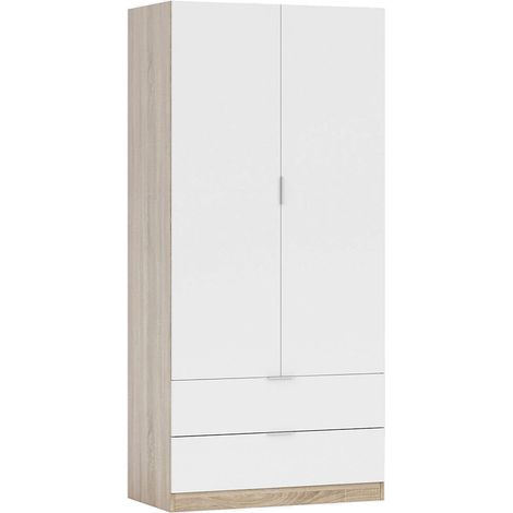 Garderobe Worcester, Schlafzimmerschrank mit 2 Türen und 2 Schubladen, Schrank mit Kleiderbügelstange, cm 82x52h180, Weiß und Eiche