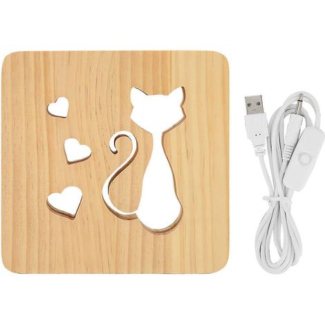 Veilleuse en bois creux 3D avec motif cœur et chat, lampe de chevet LED pour chambre ou restaurant. (1/5)