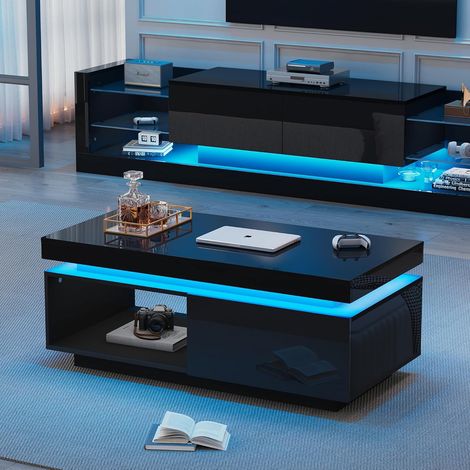 Table basse blanche avec éclairage LED et plateau en verre laqué brillant, 96 x 45 x 45 cm - Blanche (1/5)