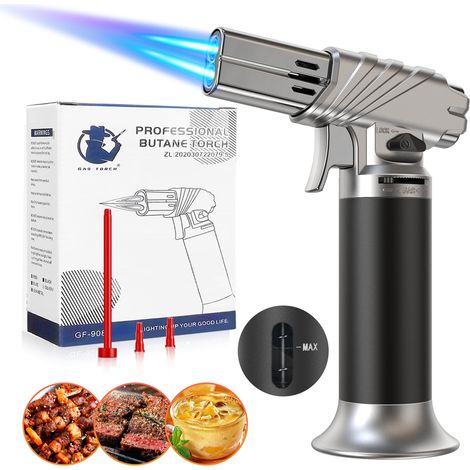Métal Chalumeau de Cuisine, Double Flamme Torche de Cuisine avec Verrou de Continuez et Flamme Ajustable Brûleur pour la Crème Brûlée,Cuisson,Barbecue,Camping,DIY(Butane Non Inclus)Argent, Noir (1/5)