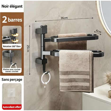 Porte-serviettes pivotant multi-bras sans perçage, étagère de salle de bain pour serviettes et draps de bain, couleur noire, dimensions 36256 cm Double barre (1/5)