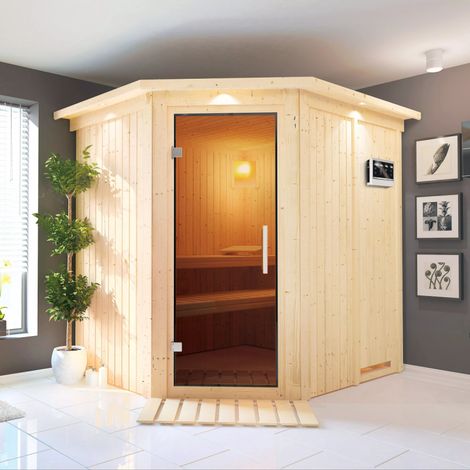 Sauna d'angle 4-5 places Karibu Siirin 68mm avec poêle 9kW et LED
