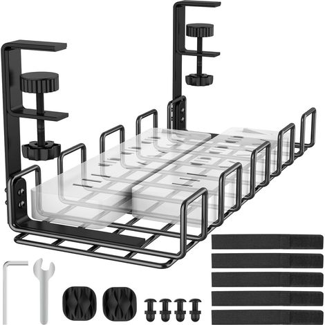 Pas de perçage sous le plateau de piste de gestion de fil, Chemin de câbles amélioré avec pince pour bureau,métallique robuste pour multiprises, Noir, 1 Paquet (1/5)