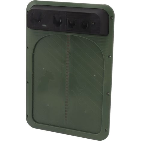 Porte automatique pour poulailler en plastique, alimentée par piles et dotée d'un capteur de lumière, couleur vert olive. (1/5)