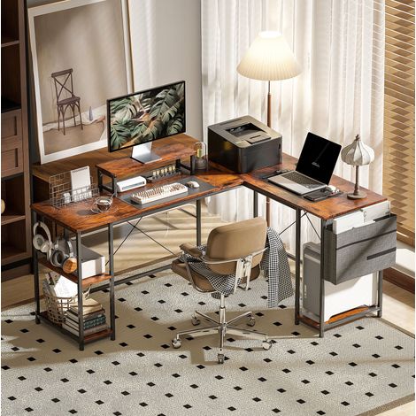 Scrivania angolare a L 168 x 120 cm con ripiani portaoggetti, marrone rustico HAVRYA (1/5)