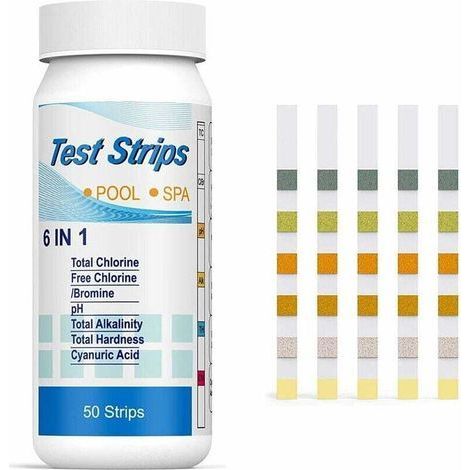 6 en 1 pour Piscine,Lot de 50 Kit D'analyse de l'eau,Bandelettes de Test pour Piscine,pour Test de Qualité d'eau sur Chlore, Brome, Nitrite, Nitrate, Dureté, Alcalinité Totale, PH-Fei Yu (1/4)