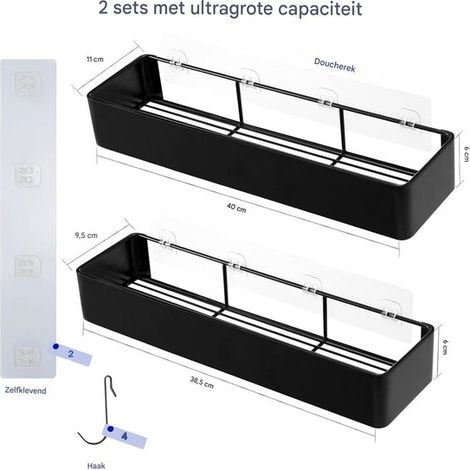 Schwarze Duschablage, 2er-Pack, Ablagen, kein Bohren erforderlich, Edelstahl, schnelltrocknend, großes Fassungsvermögen, 4 Haken, Duschregal-Organizer (1/4)