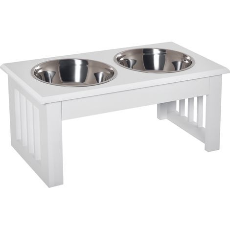Ciotole rialzate per cani, ciotola doppia per cani e gatti, supporto per ciotole rialzato dim. 44L x 24P x 15A cm, 2 ciotole in acciaio inox da 0,9L incluse, legno bianco (1/5)