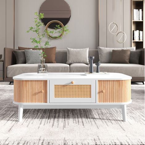 Tavolino in MDF effetto rattan 110 x 55 x 38,5 cm, bianco e legno DESVIAE (1/5)