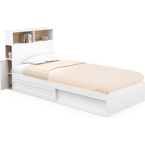 Idmarket – Lit simple CLEM 90 x 190 cm avec rangement – Tête de lit tendance – 10 lattes pour soutien optimal – Couleur blanc et hêtre