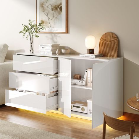 Buffet de rangement 160 x 35 x 76 cm, Meuble tv à 2 portes et 3 tirtors, Console TV avec Réglable LED, Armoire bas tv, Table Télé, blanc, pour Salon, Chambre