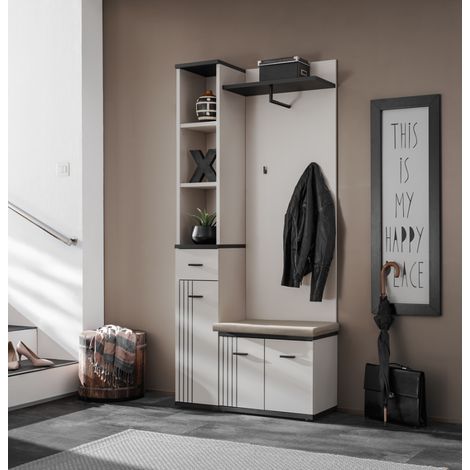 Ensemble meuble d'entrée Hugo I avec coussin d'assise - Bois MDF cachemire et noir - 90 x 203 x 32 cm - Livraison gratuite (1/5)