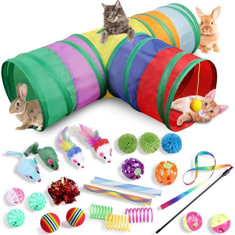 24 Pièces Ensemble De Jouets pour Chat: Tunnel Pliable 3 Voies, Jouet Interactif pour Petits Animaux, Adapté Pour Intérieur Et Extérieur (Coloré) (1/5)