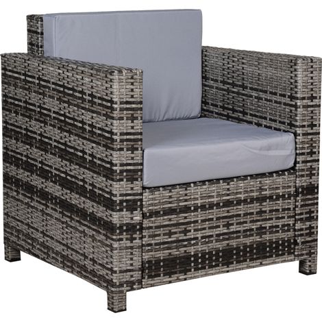Single Seater Rattan Chair Sofa with 10 cm Thick Padded Cushion, All-Weather PE Wicker Weave Garden Armchair with Armrests, Grey