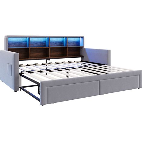 Cama tapizada extensible 90 x 190 cm de terciopelo gris claro con almacenaje (1/5)