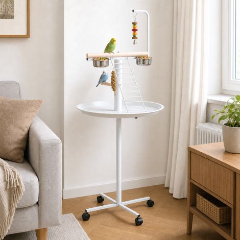 Mangeoire oiseaux sur pied 4 roulettes perchoir 2 bols acier Ø60x138 cm blanc (1/5)