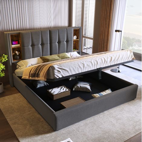 Cama con espacio de almacenamiento tapizada en algodón gris 160x200 cm con carga inalámbrica, USB y USB-C (1/5)