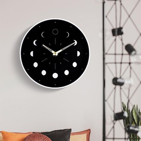 Horloge Murale Silencieuse Lumineuse Phase Lunaire Ronde 30 Cm Bois et Verre, Noire, à Fixer au Mur, 1 Pile Aa Non Incluse, pour Bureau et Chambre (1/5)