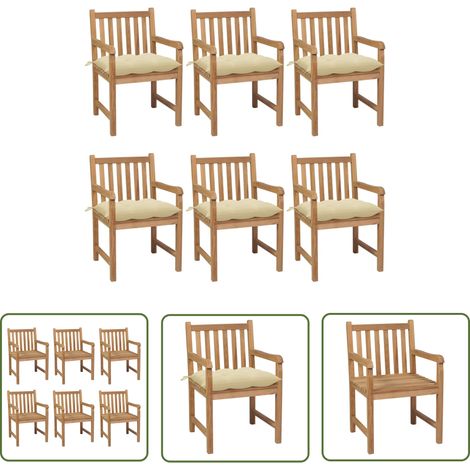 The Living Store Gartenstühle 6 Stk. mit Cremeweißen Kissen Massivholz Teak - Gartensaßsessel - Gartenmöbel - Esszimmertisch - Outdoormöbel - Terrassenmöbeln (1/5)